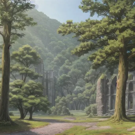 Prompt: The  old ruins of a castle in a ancient forest 