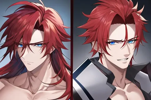 Prompt: Zerif 1male (Red side-swept hair falling between the eyes, sharp and sassy blue eyes), shirtless, highly detailed face, 8K, Insane detail, best quality, UHD, handsome, flirty, muscular, Highly detailed, insane detail, high quality. 