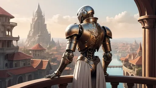 Prompt: a warforged automaton stands with back to camera on a large round balcony with a solid railing looking out over a fantasy city paradise during the age of arcanum 