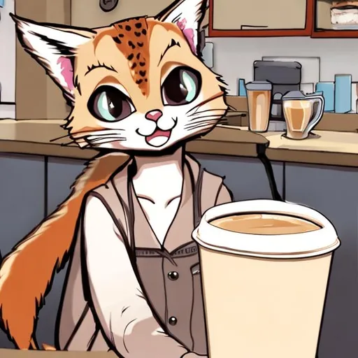 Prompt: anime bobcat holding coffee