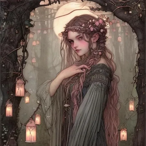 Prompt: Portrait Druid witch girl with rose gold pinkish hair and detailed delicate  pretty face in a dark and mysterious tree with Hanging lanterns by John Bauer and John William Waterhouse high contrast colorful storybook illustrations braids in hair moon in sky