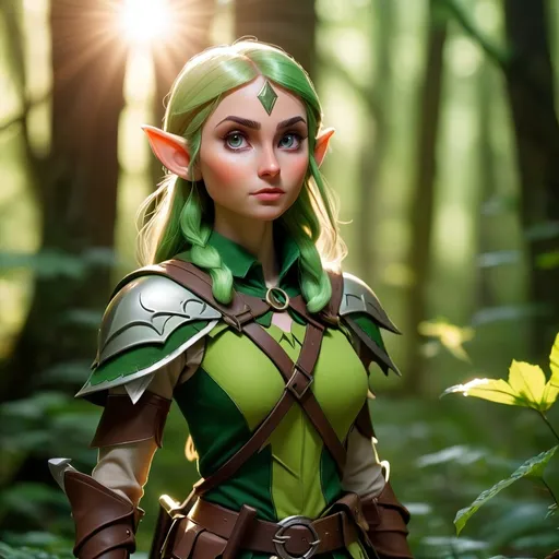 Prompt: Elf ranger in a mystical forest around sunlight