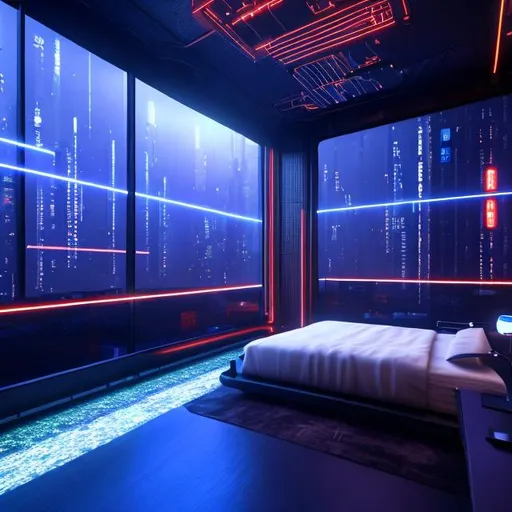 Prompt: futuristic bedroom, cyberpunk style computer on metal desk, architecture, sci-fi, beautiful, geometric shapes, atmospheric lighting, midnight, dark, moonlight shining through window slats, dust, post processing, de-noise, reflections, polyhedral, ultra realistic, unreal engine, clean, modern --ph