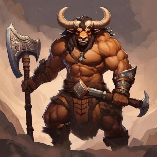 Prompt: A full figure of a big male muscled minotaur with (a bull head) , his own fur is light brown and has two majestic horns. (He wears a leather armor and holds an axe). 
Well draw face, detailed, d&d art, rpg art. 2d art. 2d.