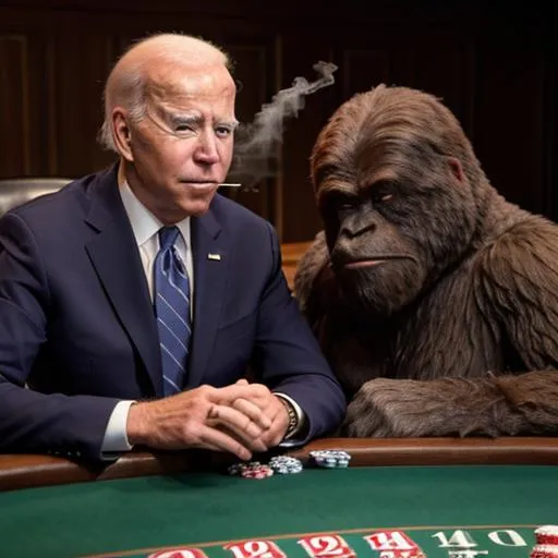 Prompt: Joe Biden smoking a blunt with Bigfoot while they are playing poker