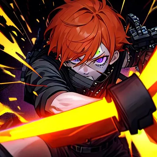 Prompt: Erikku male adult (short ginger hair, freckles, right eye blue left eye purple) UHD, 8K, Highly detailed, insane detail, best quality, high quality, fighting with a chainsaw