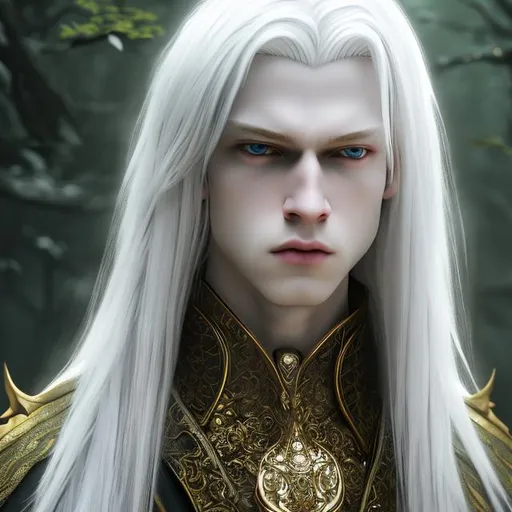 Prompt:  8K, HD, 3D, portrait of beautiful albino male, photorealistic, noble handsome male,pale beautiful face, grey stunning eyes, extra long white straight hair, elegant green wizard clothes, intricate, detailed, charming male, light contrast, noble, perfect anatomy, gothic dark room ambient, perfect male beauty, golden ratio