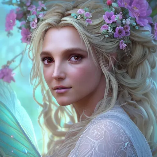 Prompt: "macro closeup headshot of a beautiful happy 2 0 years old britney spears ethereal magical fairy princess wearing a white robe and flowers in her hair in a fantasy garden, d & d, fantasy, intricate, rim light, god rays, volumetric lighting, elegant, highly detailed, digital painting, artstation, concept art, smooth, sharp focus, illustration, art by greg rutkowski, maxfield parrish and alphonse mucha, sunrise, new art nouveau, soft ambient lighting, particle effects"