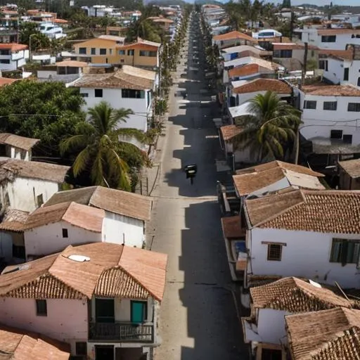 Prompt: Imagine a panoramic, aerial view of the small town of Macondo, from the novel 100 Years of Solitude, with low houses, sandy streets, an atmosphere that is a mix of studio gibli and tropical, Colombian, Spanish colonial architecture, with people walking in the streets calm. ratio 21:9