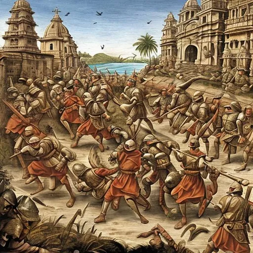 Prompt: 16th-century realistic image. Portuguese soldiers of 16th century and Christian priests of 16th century. Attacking coastal  Goa with seashore, destroying small hindu temples, attacking temples, Hindu locals in Dhoti crying, running away