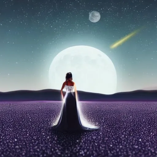 Prompt: lushill style, woman, full body, dark skin, full moon in background, late night, starry dark sky, blue dreamy atmosphere, with a silver and blue and sparking long dress, white, long and wawy hair, clear and detailed image, wrong angle, retro futurism style drawing, flat art oriental style, dreamy image with fog and lighting, hyper-realistic detail, technical mastery, dark background, watercolor