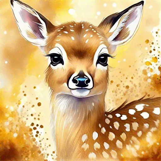 Prompt: Ambersheen Vale Fawn, dark-brown fur with a intense white line and dot pattern, golden eyes, amber-gold glimmer surrounds it, masterpiece, best quality, (in watercolor painting style)