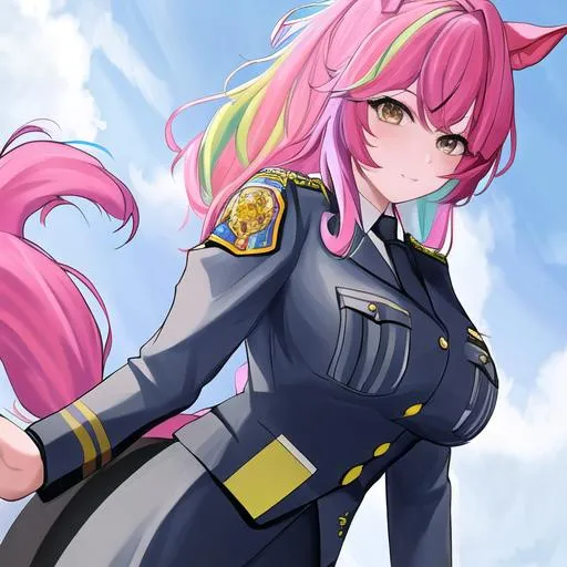 Prompt: Haley as a horse girl with bright multi-color hair wearing a police uniform