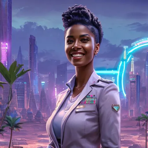 Prompt: attractive hot late-twenties african egyptian woman female, brown skin, smile, spiked haircut, government uniform, tropical island, solarpunk vaporwave, portrait, realistic details, photorealistic, 8k render, cinematic lighting, ultra detailed