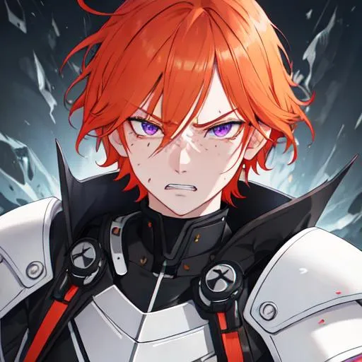 Prompt: Erikku male adult (short ginger hair, freckles, right eye blue left eye purple) UHD, 8K, Highly detailed, insane detail, best quality, high quality, in pain, angry