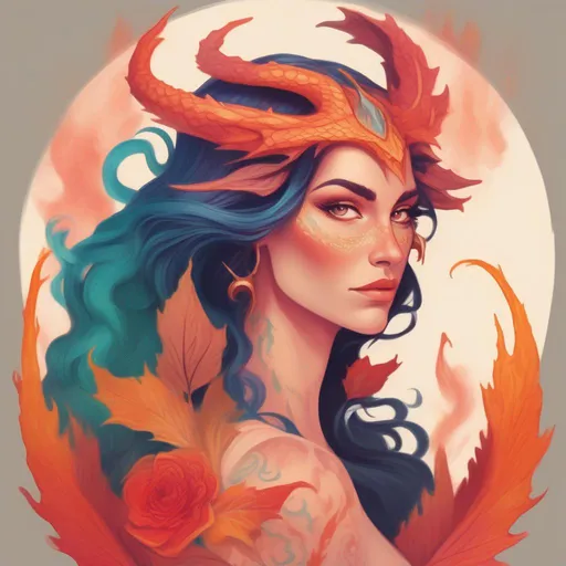 Prompt: A colourful and beautiful Persephone, she is a dragon woman, with scales for skin, horns and fire for hair, in a painted style