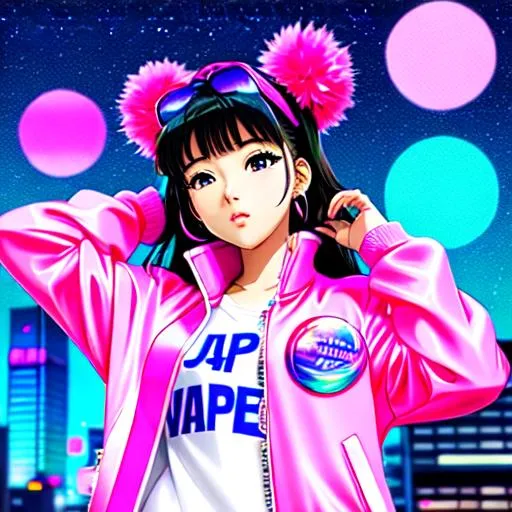 Prompt: vaporwave japan city night time anime girl in varsity jacket  bubble gum