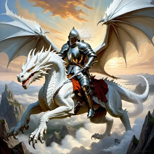 Prompt: Dragon rider Chivalric Knight in realistic oil painting, flying through the sky, majestic white dragon with vibrant white scales and fur, white ethereal wings, flowing white hair, fierce expression, mythical landscapes, high fantasy, oil painting, vibrant colors, epic scale, detailed armor, stunning face, atmospheric lighting, professional, highres, fantasy, oil painting, dragon rider, Chivalric Knight , flying, majestic, Dragon's face is bearded, ethereal, fierce expression, pale colors, high fantasy