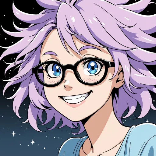 Prompt: Young woman,short, light purple hair shaped like a star. Glasses, blue eyes. Cel shaded. Messy hair. Crazy Smile