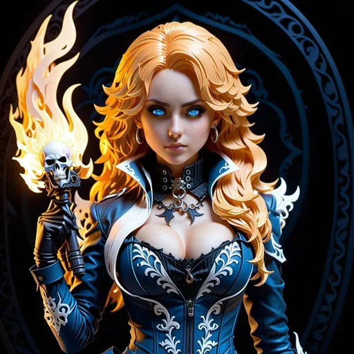 Prompt: high-quality anime illustration featuring a formidable female ghost rider in a gothic Nordic Victorian style. Craft her with a perfect and autonomous body shape, combining muscular yet slim tones that accentuate defined abs. Pay meticulous attention to facial features, ensuring they are detailed and captivating, with intense and piercing blue eyes that command attention.

Illustrate her limbs – arms, legs, hands, fingers, toes, and feet – with precision, maintaining a balance between power and elegance. Envelop her entire body in meticulously detailed blue flames, creating a visually stunning effect that emanates strength and mystique.

Present a full-body view of this powerful entity, seamlessly blending the elements of gothic and Nordic aesthetics with a Victorian touch. Emphasize her muscularity, slim figure, and the intensity of her eyes, ensuring every aspect exudes strength and sophistication. The anime illustration should be of the highest quality, capturing the essence of a commanding and ethereal female ghost rider with a unique blend of gothic, Nordic, and Victorian influences.