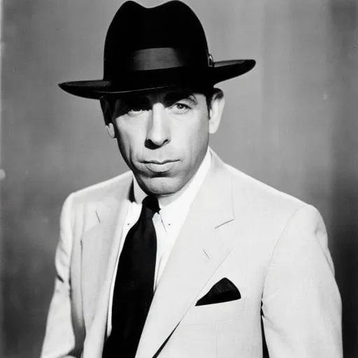 Prompt: photorealistic, monochrome, full body shot of humphrey bogart. He has a cigarette in his mouth. He is looking at the camera and is wearing a fedora and grey suit. over the suit is a tan overcoat.