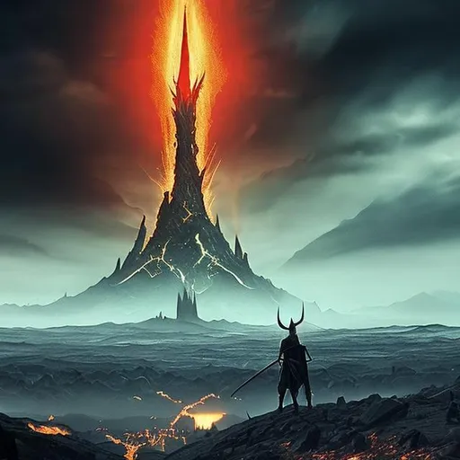 Prompt: the lord of the rings universe, sauron, holding his sword, the one ring weared and its shining, mordor landscape, epic, realistic, barad dur tower eye looking 