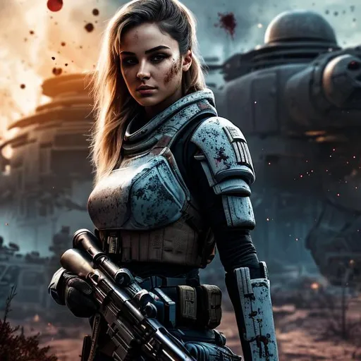 Prompt: create a photograph of beautiful  fictional female elite space soldier with gun who is battle-scarred and covered in blood, extremely detailed environment, war in the background, detailed background, intricate, detailed skin, natural colors , professionally color graded, photorealism, 8k, moody lighting