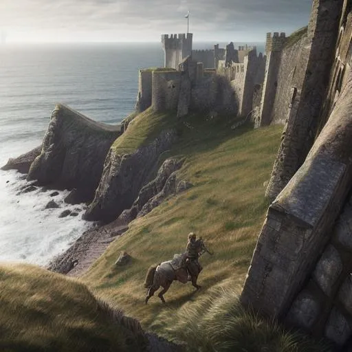 Prompt: 2 medieval warriors ::0.4 travelling on a cliff to a background castle , view of a coast line landscape , English coastline, Irish coastline, scottish coastline, perspective, folklore, King Arthur, Lord of the Rings, Game of Thrones. Photographic, Photography, photorealistic, concept art, Artstation trending , cinematic lighting, cinematic composition, rule of thirds , ultra-detailed, dusk sky , low contrast, natural lighting, fog, realistic, light fogged, detailed, atmosphere hyperrealistic , volumetric light, ultra photoreal, | 35mm| , Matte painting, movie concept art, hyper-detailed, insanely detailed, corona render, octane render, 8k, --ar 3:1 --no blur