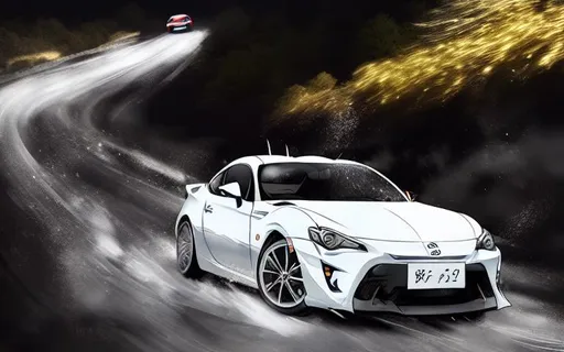 Prompt: a splash anime image of a white and black Toyota GT86 drifting down a mountain at night. Everything is moving quickly yet the car is speeding past