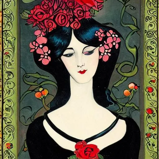 Prompt: Lady with black cat, art nouveau style, detailed painting, red flowers 