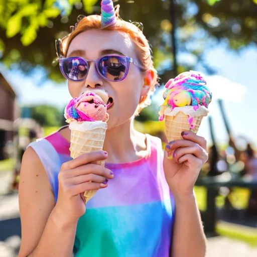 Prompt: eating ice cream in the sun feeling like unicorn

