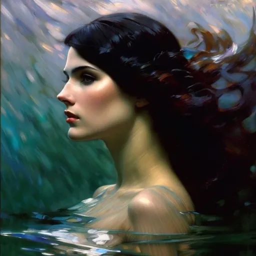 Prompt: john williams waterhouse, herbert james draper, Attractive underwater mermaid goddess,  siren song, flowy floating black hair,  high contrast, colorful polychromatic, ultra detailed, ultra quality, depth of field, full body portrait, romantic oil painting, 