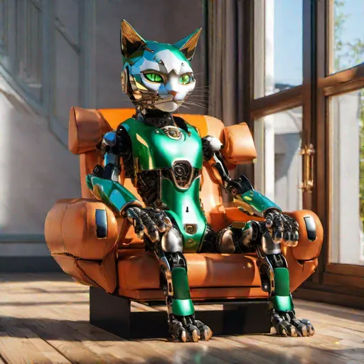 Prompt: (masterpiece, 8K, UHD, photorealistic:1.3), half-mechanical half-feline android, human body with cat head, emerald green eyes, pointed ears, orange and black fur, sparkling metallic chest, robotic arms and legs, sitting on an armchair, sunlight filtering through a window, wooden floor, white walls, blue sky background
