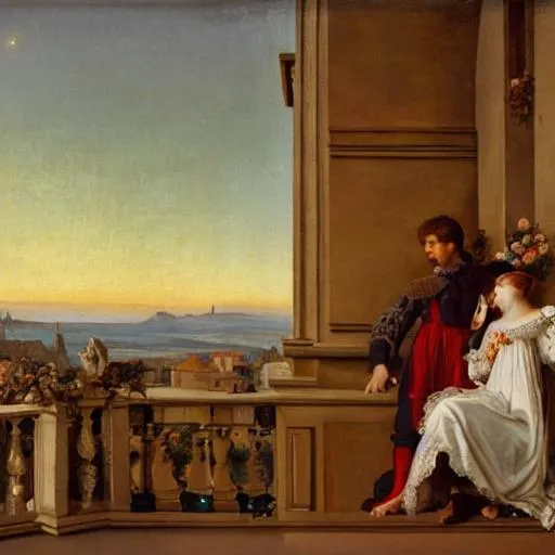 Prompt: A young couple in love is depicted in an oil painting with a young man dressed in Renaissance garb hugging a young woman dressed in a white Renaissance nightgown in front of a sunrise on a large European balcony with various roses growing on it.