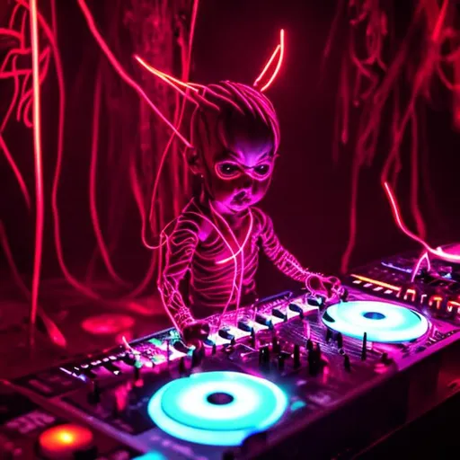 Prompt: Demon babies Dj table night graphics red neon blood swords bar wire fire 