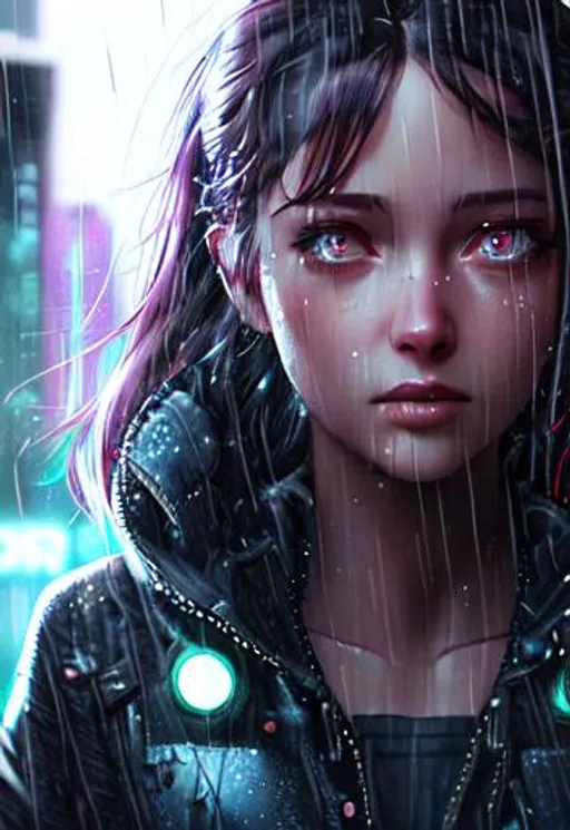 Prompt: A girl, rain, cyberpunk, 8k, highly detailed, sci fi