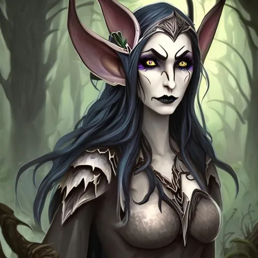 Prompt: undead female half elf, pulled back black hair, dark eyes, mushroom druid



