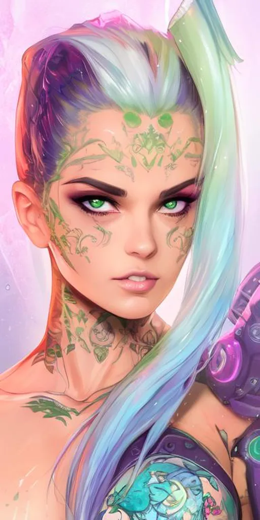 Prompt: Beautiful face, anatomically correct, cyberpunk angel, wet, desirous, lust, tattoos, green, purple, gothic, dominatrix, black clothing