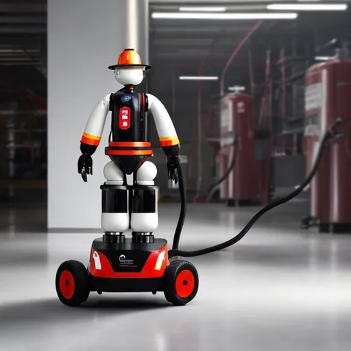 Prompt: Fire extinguishing robot with black background
