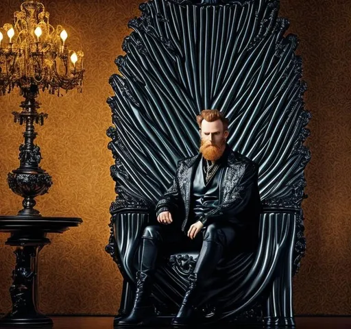 Prompt: forty-year-old man seated in a black leather throne, black leather interior, he is dressed like a king and holding a sceptor, the black throne is inside a large dimly lit modern bedroom, lush, sensual, detailed face, detailed expression, ginger hair,