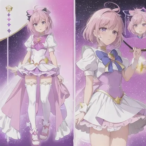 Prompt: A character sheet of an anime magical girl with short hair and freckles , Purple overall shorts, jester shoes, and white leggings covered in stars. Rainbow accents on outfit. Concept Art. Card captor Sakura inspired. Sailor Moon Inspired. Madoka Magica Inspired. reference sheet, different expressions,  