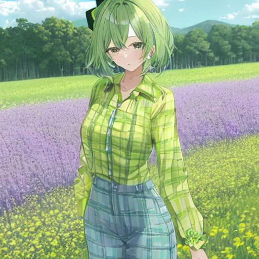 Prompt: A pastel green haired anime girl wearing a yellow and green plaid shirt, jeans, and a bow in their hair, standing in a field of flowers