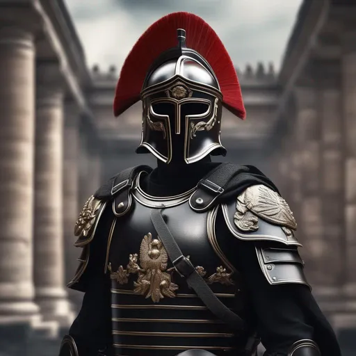 A modern roman military male in black military armor... | OpenArt