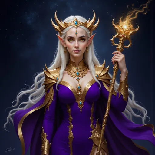 Prompt:  @VITLFRBSebJkkO8huw5E purple clothes, large crown, lots of jewelry, starry sky, staff, magic swirling