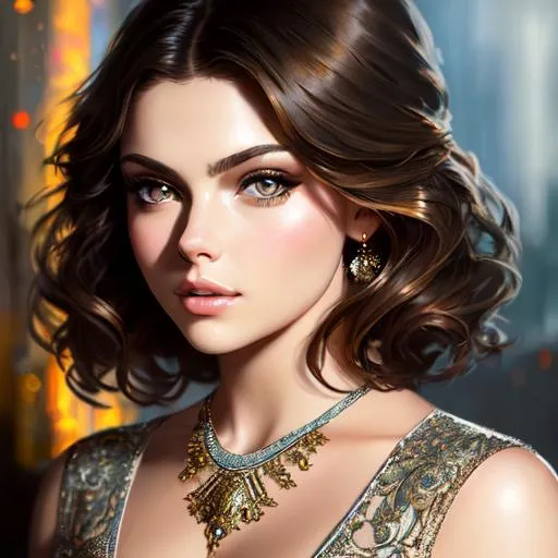 Prompt: Intricately detailed head and shoulders portrait of beautiful girl, Julia Voth Camren Bicondova, By David Kassan, By Ruan Jia, Cover art, maximalism, delicate, Oil painting, long hair, dress, HD