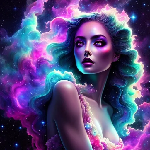 Prompt: Cosmic Epic Beautiful Nebula {Beautiful melancholy Female} Sorceress liquid plasma}, Beautiful and Gorgeous, Beautiful big reflective eyes, hyper realistic, expansive psychedelic background, hyper realistic, 64K --s99500