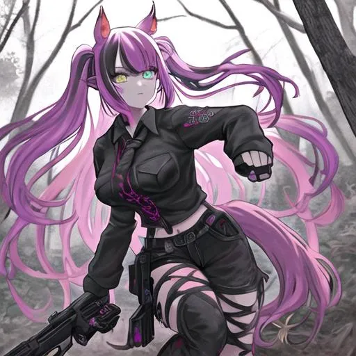 Prompt: Haley  as a demon (multi-color hair) (multi-color eyes)(she has horse ears), holding a pistol, in a gunfight, bullets flying, in the woods