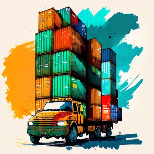 Prompt: A dynamic vector-style illustration of an international cargo vessel carrying several different sizes of ADR8 USA containers, including 20ft standard and 40ft high cube double doors containers. Artistic style: flat color palette, inverse perspective to create a sense of movement and speed. 