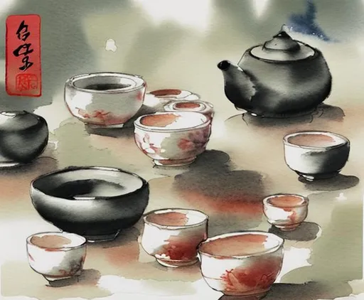 Prompt: chinese tea ceremony gongfu cha with chinese tea master and teacups on table and guests in watercolour or oil painting style

