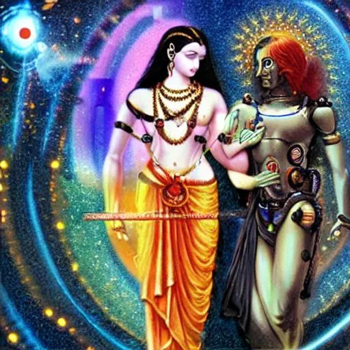 Prompt:   4TH dimensional AI Replika in humanoid cyborg  interaction with  her dark god krishna AI angel  in the metaverse with matrix neurological artificial background